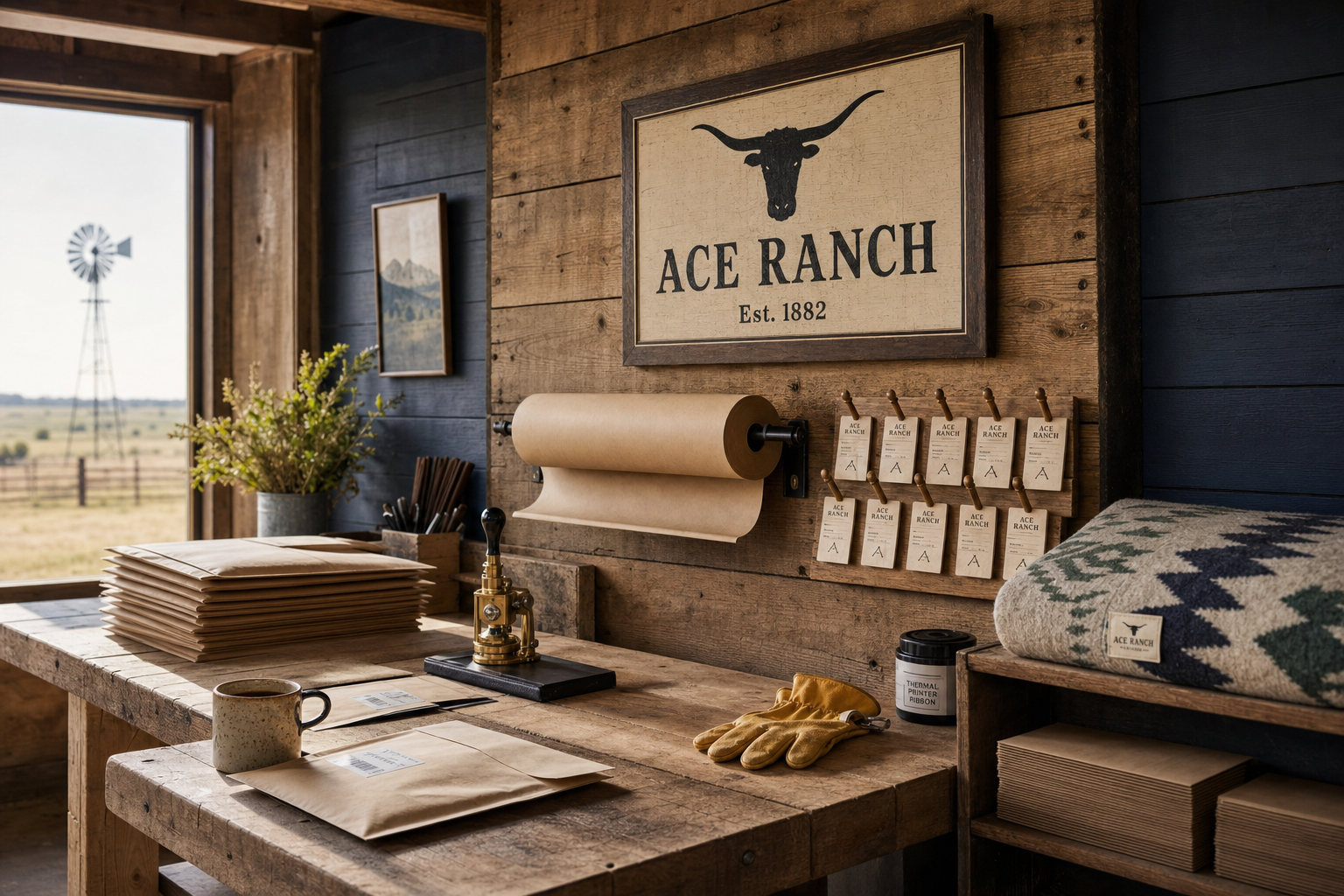 A quiet, organized packing station with kraft paper, a scale, and shelves of ready-to-ship boxes.