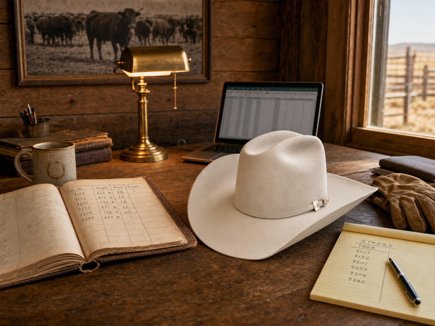 Ledger, laptop, and coffee mug on a warm oak desk under a brass lamp.
